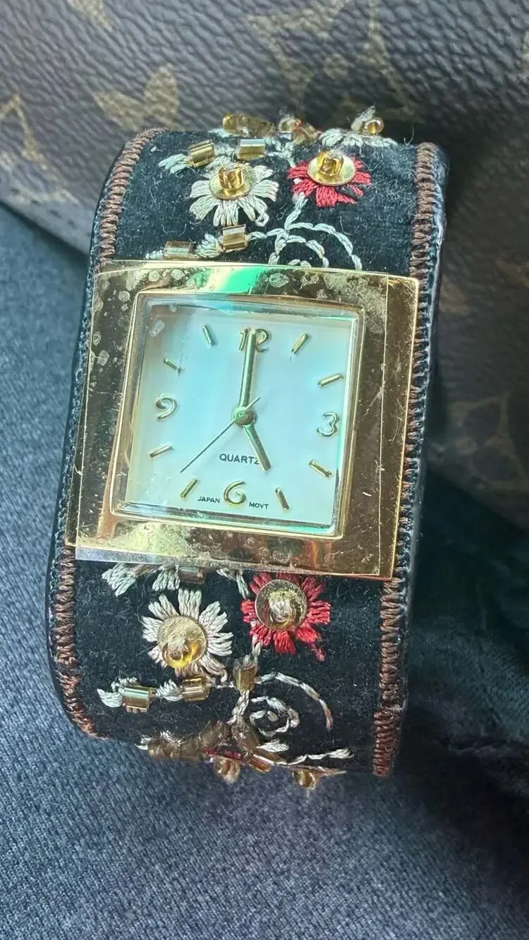 Vintage Avon Boho Floral Embroidered Wide Cuff Watch Beaded Sequined Square Gold